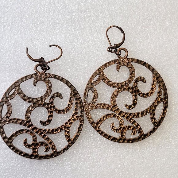 Round Antique Bronze Hued Filigree Earrings - Picture 9 of 12